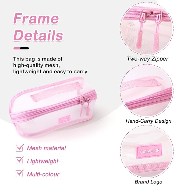 CICIMELON Transparent Mesh Pencil Pouch with Handle Big Case Clear Pen Bag College Essentials School Supplies, Pink