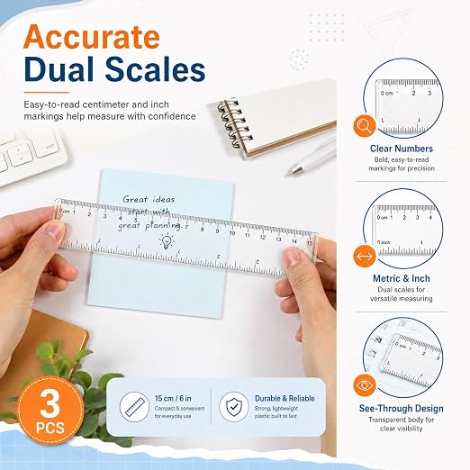 3 Pack Clear Acrylic Ruler Set, 6 Inch 8 Inch 12 Inch Straight Ruler | Transparent Plastic Measuring Tool with Centimeters and Inches for School Office Student