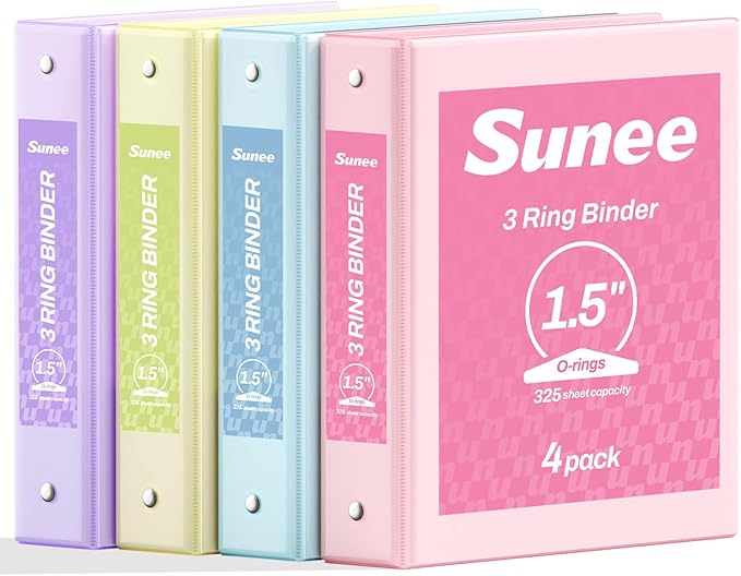 SUNEE 1.5 Inch Binders 3 Ring 4 Pack, Clear View 1 1/2 Inch Binders Three Ring PVC-Free (Fit 8.5x11 Inches) for School or Office Supplies, Assorted Pastel