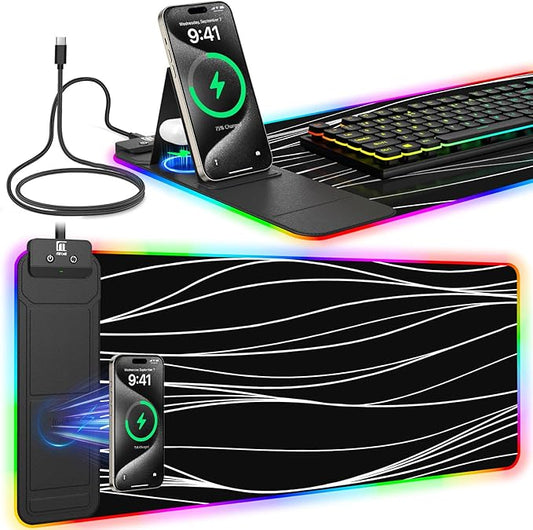 RGB Mouse Pad with Foldable Phone Stand Wireless Charger, 31.5"x11.8" XL Gaming Mousepad Large Desk Mat, Desk Pad with 11 Colors 5 Modes, Waterproof