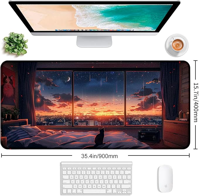 Sunset Night Cat Mouse Pad, Summer Night Scene Decoration Game Table Pad XL | Large Extended Mouse Pad; Full Desk Coverage; Waterproof Coating; Stable Anti-Slide Base For Gaming, Office, Study Daily Use
