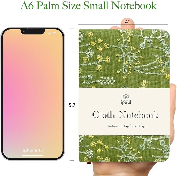 Pocket Notebook, A6 Journal, Small Embroidered Journal, Cute Fabric Notebook, Lay Flat Hardcover Journal, 4x6 Lined Notebook & Sketchbook, Personal Writing Journal for Women, Green Dandelion