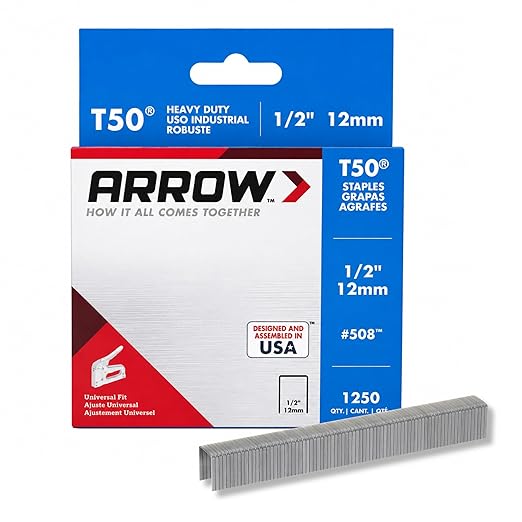 Arrow 508 Heavy Duty T50 1/2-Inch Leg Length, 3/8-Inch Crown, Staples for Upholstery, Construction, Furniture, Crafts, 1250 Count(Pack of 1) | Heavy Duty, For Upholstery, Construction, Furniture, Crafts, Fit Arrow T50 Staple Guns, Hammer Tackers and Pn...