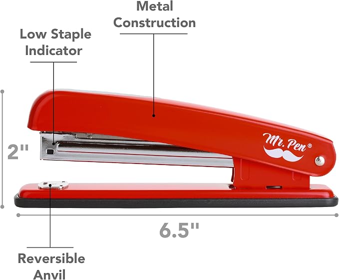 Mr. Pen- Red Office Stapler with Staples, 1000 Staples 1/4" | 20 Sheet Capacity, Desktop Stapler for Students, Office Supplies, Ergonomic Design for Comfortable Use