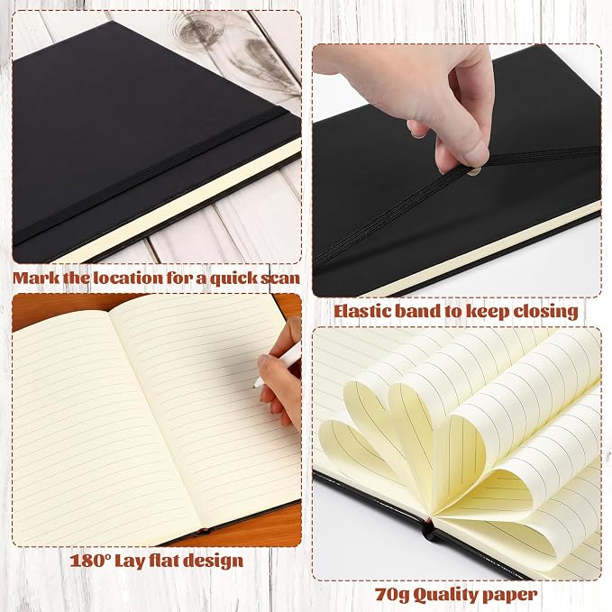 Honoson 6 Pack A5 Lined Journal Notebooks Hardcover Executive Notebook 5.5" x 8.3" PU Leather Wide Ruled Journals Bulk 160 Pages for Back to School Supplies Office Business Home (Black)