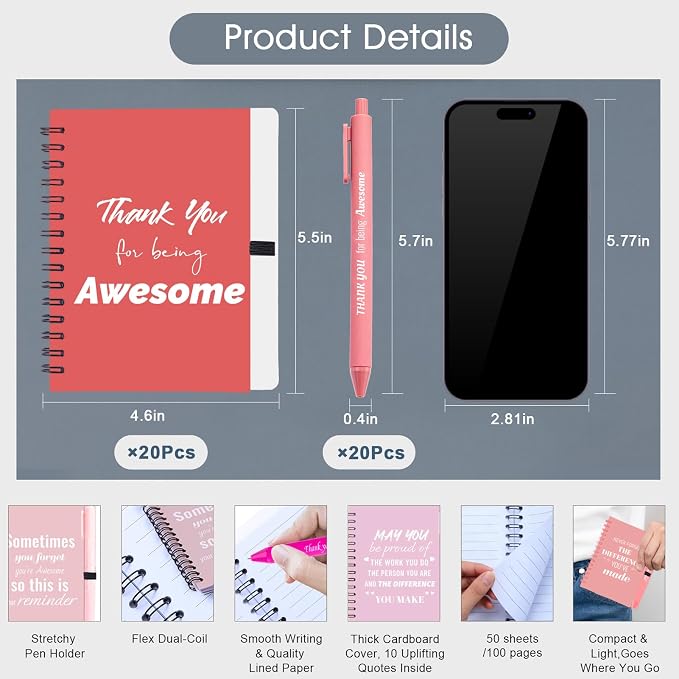 20 Sets/40 Pcs Employee Appreciation Gifts Bulk – Inspirational Notebooks with Motivational Pens, Small Notepads for Coworkers, Office Staff, Team, Volunteer, Nurse, Teachers, Housekeeping (Pink)