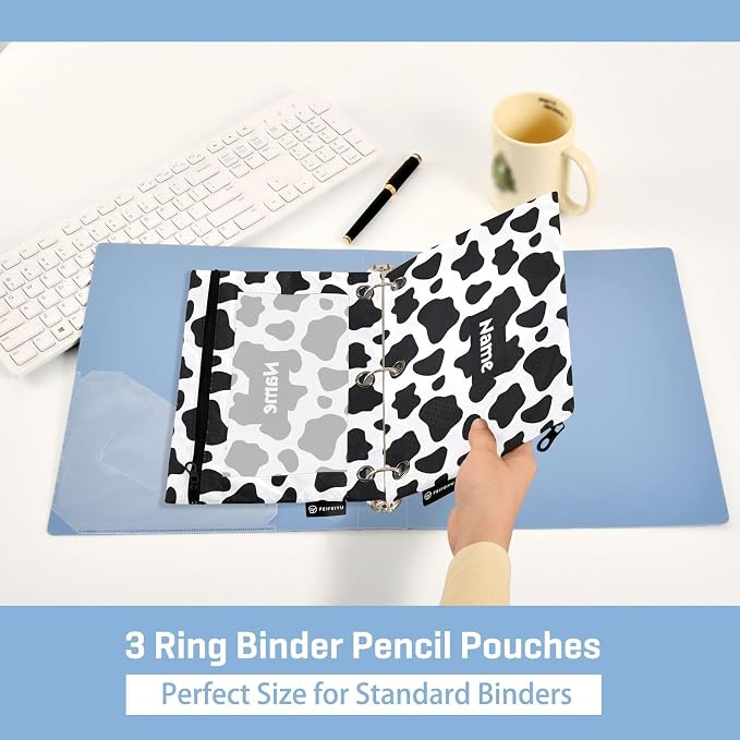 ALAZA Custom Personalized Your Name Pencil Pouch for 3 Ring Binder, Black and White Cow Print Binder Pencil Pouches with Clear Window Zipper Pencil Case Cosmetic Bags for Office College Supplies, 2PCS