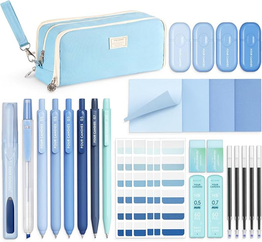 Four Candies Aesthetic School Supplies Kit with Cute Blue Pencil Case | Back to School Stationery Set with Pens, Highlighters, Mechanical Pencils, Sticky Notes for Students, College, Journaling