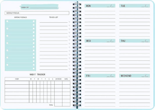 Undated Weekly Planner- Weekly Goals Notebook, A5 To Do List Planner, Habit Tracker Journal with Spiral Binding, 5.7 x 8.0 inches
