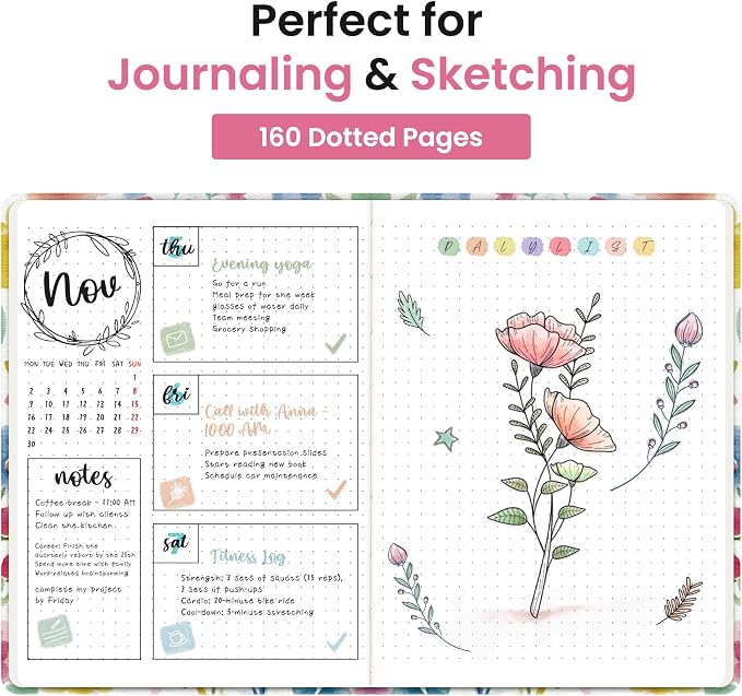 Taja Pretty Dotted Journal for Women, Aesthetic Cute Hardcover Leather Journal for Writing, A5 Journaling Notebook for Work & Sketch, Perfect for Office School Home, 160 Pages, Bloom Floral