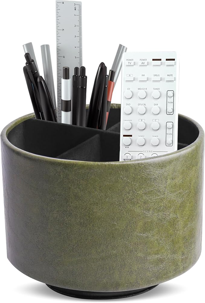 Round Leather Art Supply Organizer,Remote Control Holder,360 Degree Spinning,Multi-Functional Pencil Holder,4 Compartments Desktop Stationary Organizer(1-Oil Green)