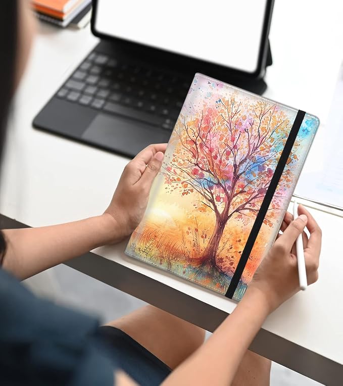 A5 Leather Lined Journal Notebook, 200 Pages Hardcover Executive Notebook for Office School Note Taking, Thick Writing Paper Daily Journal with Bookmarks/Indexes, Watercolor Tree Painting