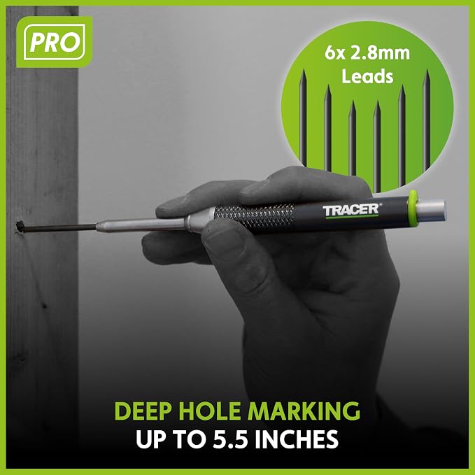 Tracer Pro Aluminum Deep Hole Construction Pencil - Durable Mechanical Carpenter Pencils Set with Sharpener & 6 Replacement Leads Holster Woodworking Marking Tool Contractor Pencil Kit