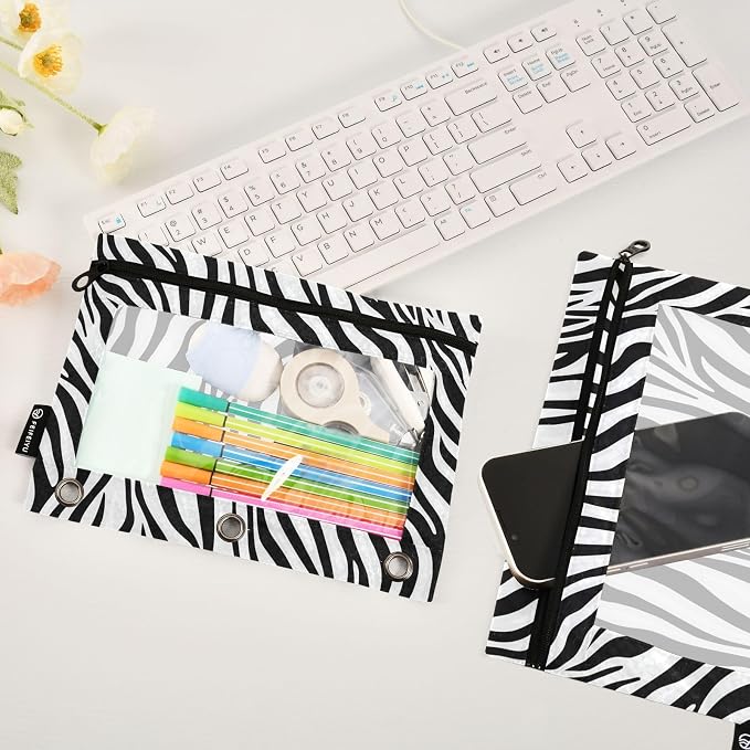 Zebra Print Pencil Pouch Fits standard 3-ring binders, Zipper Binder Pencil Bag with Clear Window for Class Office 2 Pack