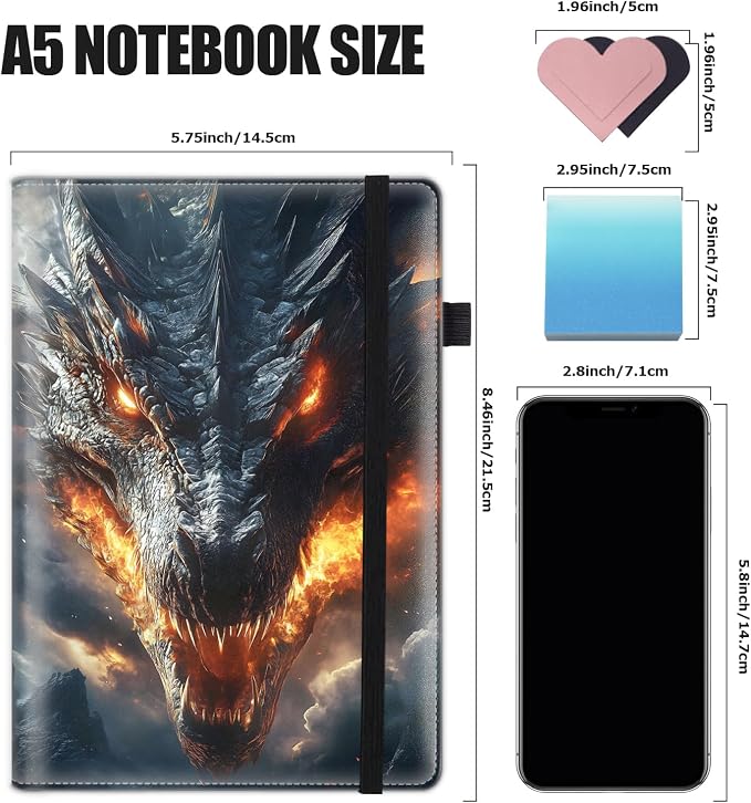 Hardcover Executive Notebooks, A5 PU Leather Lined Journal Notebook, 200 Pages Thick Paper Subject Notebooks for School,Work,Home Writing Business Notebook, Diary Book, Dragon Roaring