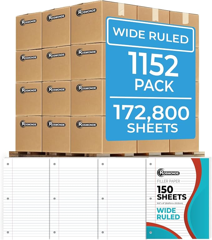 Rosmonde 1152 Pack Loose Leaf Paper Bulk, 172800 Sheets, Wide Ruled Bulk | Pallet of Filler Paper, 150 Sheets/Pack, 8 x 10.5", Bulk Notebook Paper, 3 Hole Punched, School & Office, 4-7 Days Transit