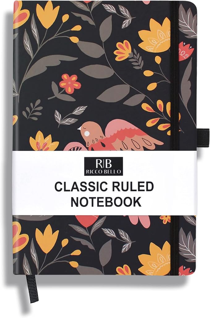 RICCO BELLO Lined Journal Notebook, Folk Art Flowers, Hardcover | Pen Holder, College Ruled, 96 Sheets/192 Pages, 5.7 x 8.4 Inches, For Work & Notes