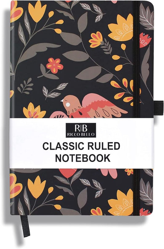 RICCO BELLO Lined Journal Notebook, Folk Art Flowers, Hardcover | Pen Holder, College Ruled, 96 Sheets/192 Pages, 5.7 x 8.4 Inches, For Work & Notes