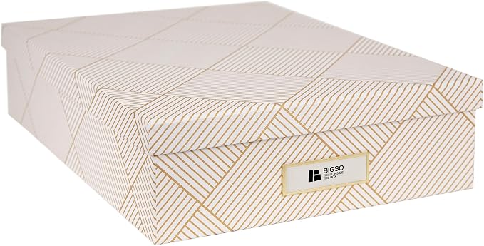 Bigso Oskar Fiberboard Label Frame Document Letter Box for Important Paperwork A4 or Letter Size - Durable Keepsake Box with Lid and Metal Label Holder - 3.3in x 10.2in x 13.8in - Golden Square