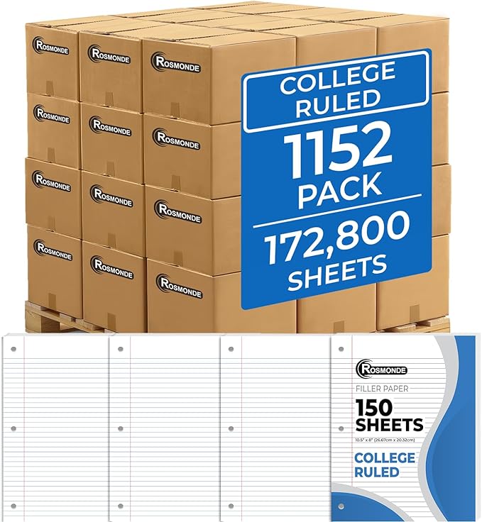 Rosmonde 172800 Sheets Loose Leaf Paper Bulk, 1152 Pack, College Ruled | Bulk Notebook Paper, 150 Sheets/Pack, 8 x 10.5", Pallet Of Filler Paper, 3 Hole Punched, School & Office, 4-7 Days Transit