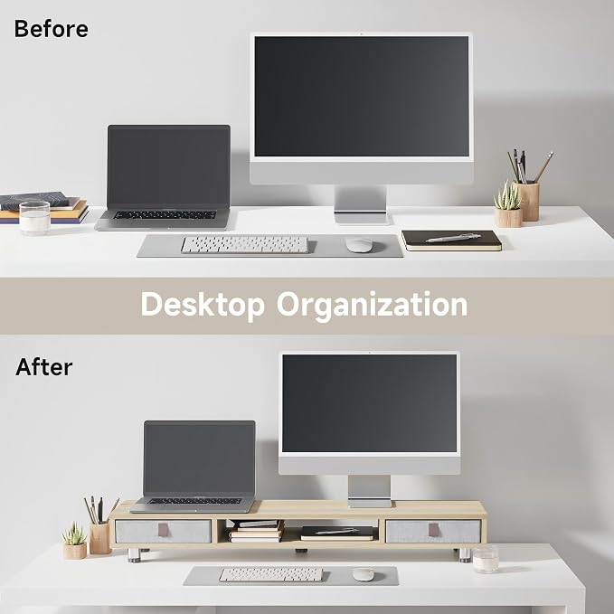 Fenge Dual Monitor Stand, 2-Tier Desk Organizer with Drawers, 42.5in, Oak | Monitor Riser with Storage, Ergonomic Height Adjustable Computer Stand, Desk Shelf for Top of Desk, Laptop, PC, TV
