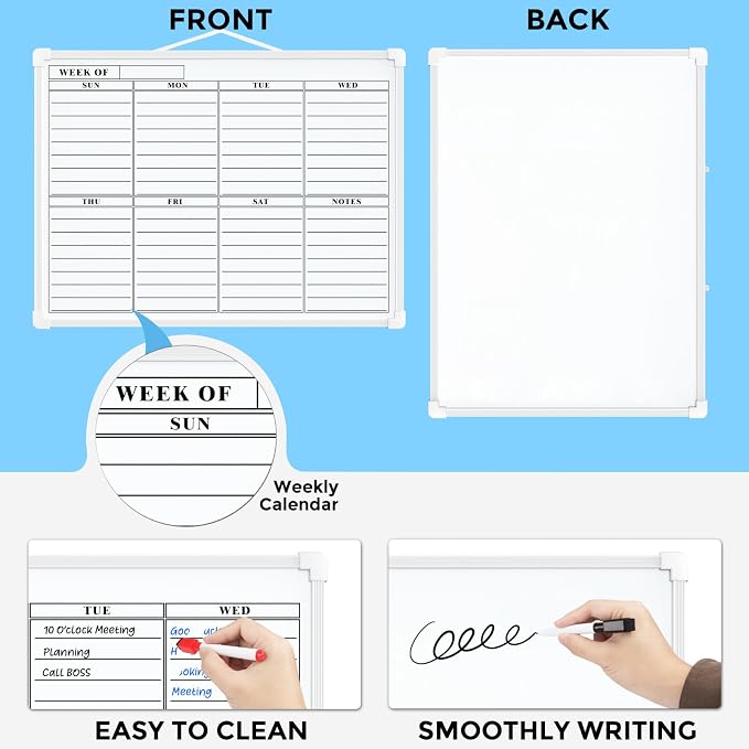 MaxGear Weekly Calendar Dry Erase Board for Wall, 16"x12", White Frame | Double-Sided, Hanging Small White Board, Portable Whiteboard for Planning, Drawing, Memo, to Do List, Home, Kitchen, Office