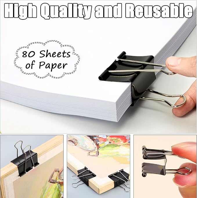 300 Pcs Medium Binder Clips Bulk 1.25 Inch Heavy Duty Paper Clamps Black Metal Binding Med Clips Office Supplies for Teachers Business