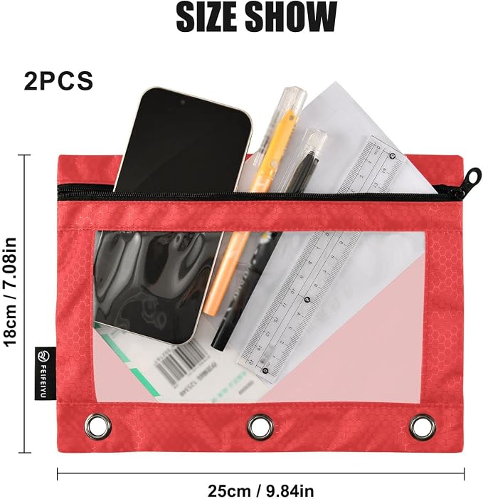 Gredecor Binder Pencil Pouch 3 Ring Red Zipper Pencil Pouches Case 2 Pack Clear Binder Organizer for School Office