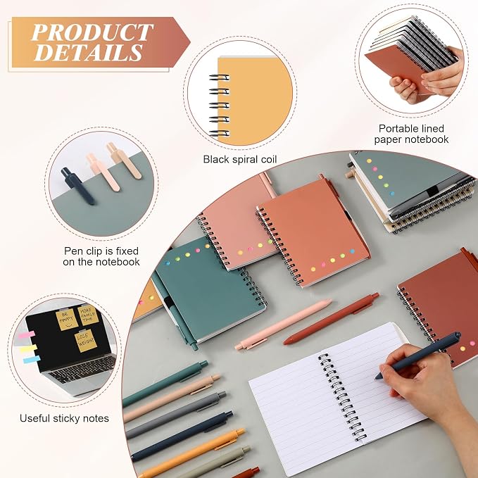 Chuangdi 20 Sets Lined Spiral Notebooks with Sticky Notes and Bamboo Pens, Back-to-school Gifts for Office Teachers Staff, Boho Notebook with Pen Bulk Gift (Ethnic)
