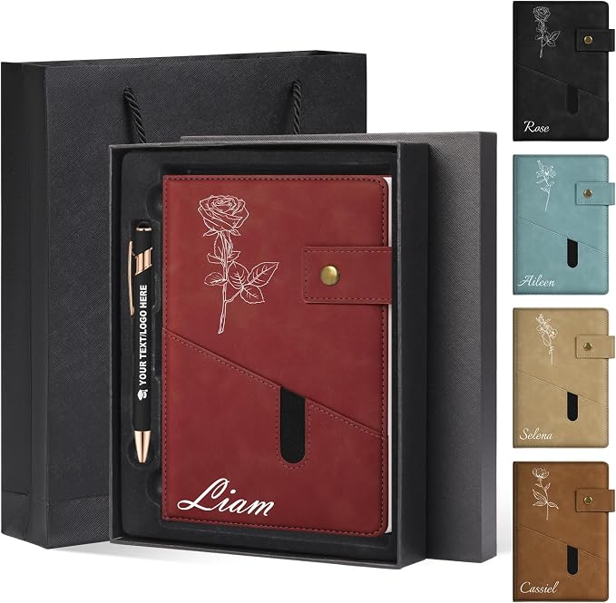 ENOMY A5 Personalized Notebook Journal with Pen & Gift Set Custom Hardcover Notebook 200 Pages Thick Daily Diary for Men Women Lined Journal for Work College Travel Writing, red