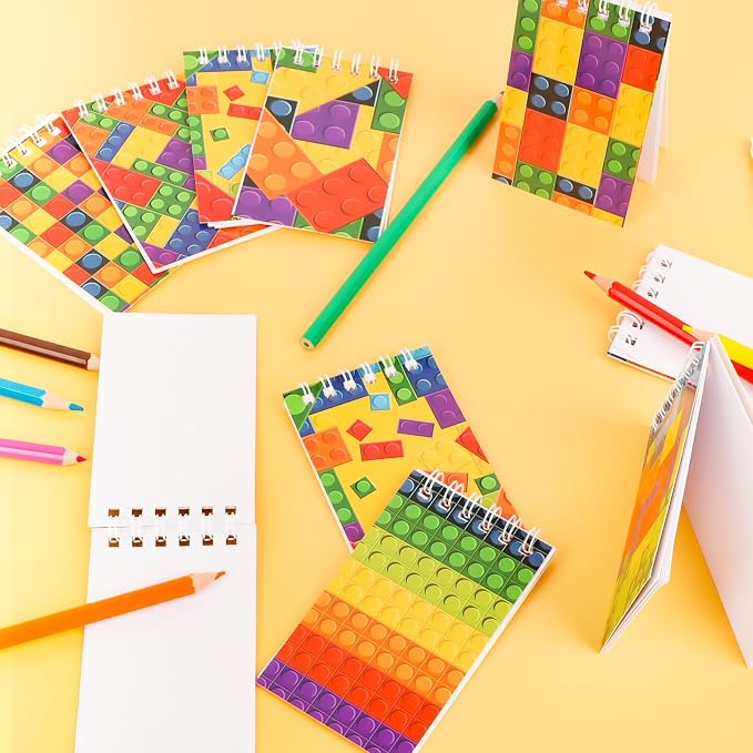 24 Pack Mini Building Block Notebooks Bulk Colorful Spiral Notepads Kids Carnival Theme Party Supplies Decoration for Teens Girls Boys Teacher Children Classroom Rewards