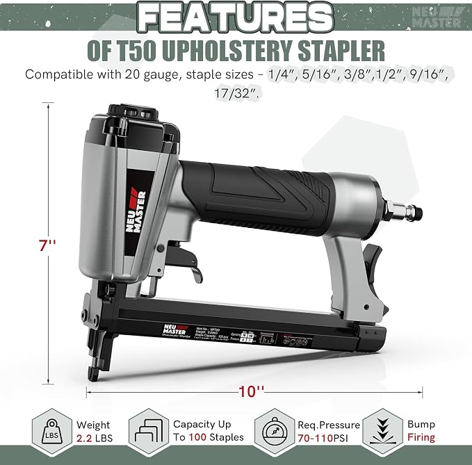 NEU MASTER Pneumatic Staple Gun 20 Gauge, Air Powered Upholstery Stapler with 1500pcs Staples (1/4"–5/8"), Lightweight Stapler for Woodworking, Furniture, DIY & Home Improvement