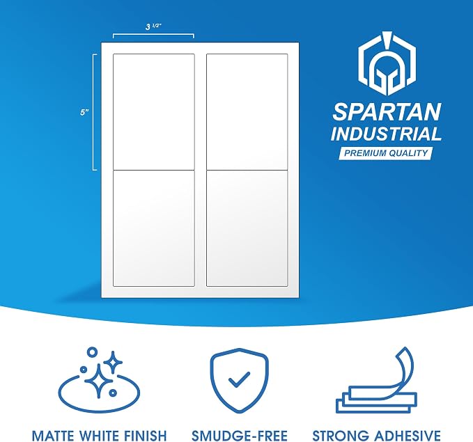 3.5" X 5" Matte White Printable Shipping Labels (500 Sheets, 2000 Stickers) Mailing and Address Labels, Product Packaging Stickers for Laser & Inkjet Printers - Spartan Industrial Template R016
