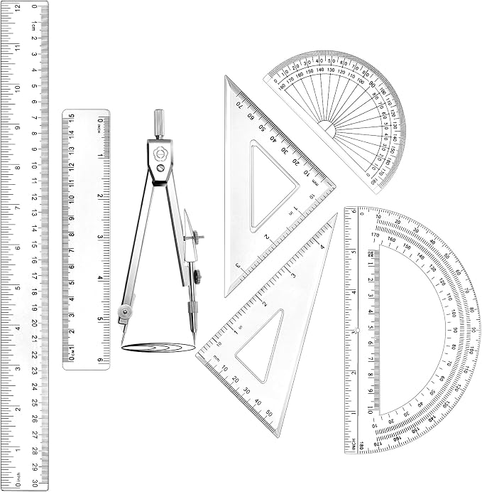 Zonon 7‑Piece Geometry Set with Drawing Compass, 6 & 4 Inch Protractors, Triangle Rulers and Straight Rulers, Transparent Math Drafting Supplies for Back to School, Students and Office Use(Clear)
