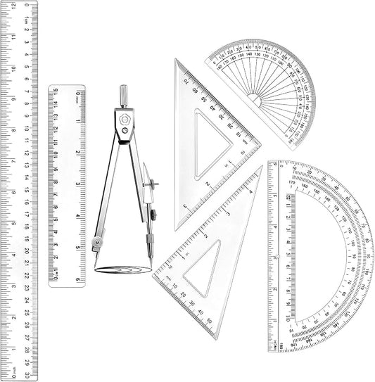 Zonon 7‑Piece Geometry Set with Drawing Compass, 6 & 4 Inch Protractors, Triangle Rulers and Straight Rulers, Transparent Math Drafting Supplies for Back to School, Students and Office Use(Clear)