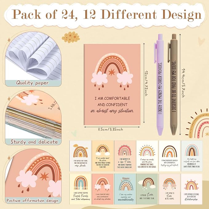 Mooliwe 48 Pcs Positive Affirmation Gift Set Gratitude Notebooks with Pens Small Bags Motivational Encouragement Notepads Daily Affirmations Journal for Women Stress Relief Self Care (Cute)