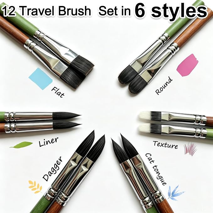Travel Watercolor Brush Set 2 Packs | Pocket Short Handle 12pcs Travel Brushes w/Extender & Case for Watercolor Acrylic Ink,Gift for Couples Family Friends