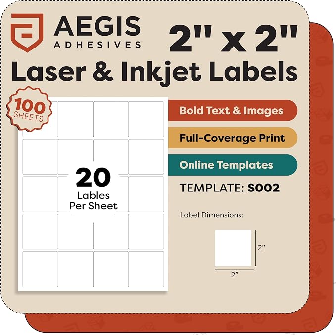 2x2 Inches Square Labels, Printable Custom Labels, Business Logo Stickers, Small QR Codes for Laser & Inkjet Printers, Matte White - Aegis Adhesives Template S002 (100 Sheets, 2000 Stickers)