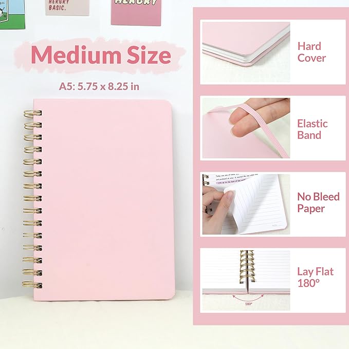 SUNEE Lined Spiral Journal Notebook for Women, 146 Pages College Ruled Hardcover Journaling Notebook for Work, Note Taking and Office School Supplies, A5 - Pink