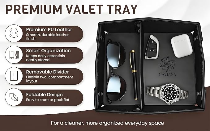 Valet Tray Organizer for Men & Women - PU Leather Catch All Tray with Removable Divider - EDC Storage for Keys, Watch, Phone - Nightstand, Dresser & Desk Organizer - Obsidian Black