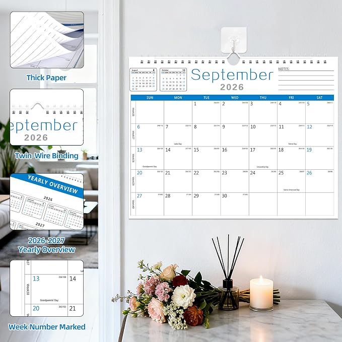MZD8391 Calendar 2026-2027, 18 Months Wall Calendar From July 2026 To December 2027 with Julian Dates, 14" x 11" Thick Paper with Black Blocks For New Year (Blue)