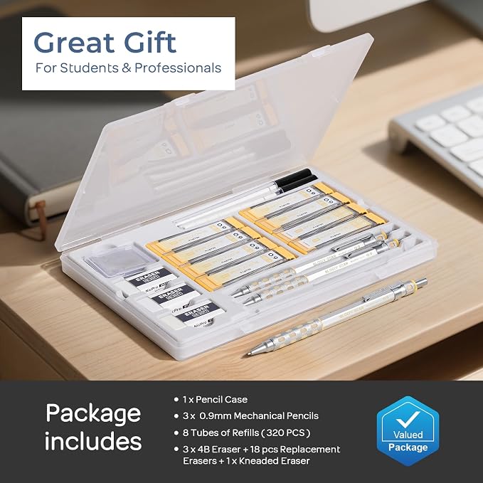 Nicpro Blocky Gear 0.9 mm Mechanical Pencils Set in Case, 3 Pack | Metal Pencil 8 Tube with Lead Refills 0.9mm (HB 2B), 3 Erasers for Professional & Adult Art Writing Drafting Drawing