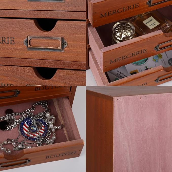 Wooden Storage Box with 5 Drawers Apothecary Drawers Vintage Wooden Drawers Wood Desktop Organizer with Drawers Countertop Drawers Library Card Catalog Cabinet Apothecary Cabinet （BROWN）