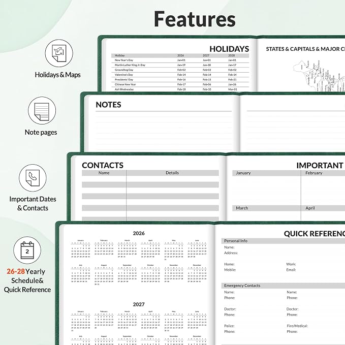 SUNEE 2026-2027 Weekly & Monthly Hardcover Planner 5.5" x 8.3" - 12 Month (July 2026 - June 2027), Small Academic Year Calendar Planner, Pocket, Notes, 100 GSM Paper, Deep Green