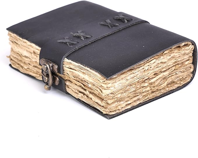 Leather Bound Vintage Journal for Women & Men – Book of Shadows – Lock Closure – 200 Pages of Antique Deckle Edges Handmade Paper (Black, 8 x 6 inches)