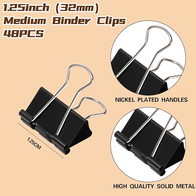 Binder Clips 1.25 Inch, 48 Pcs, Black Medium Office Paper Clamps | Solid Metal Clips, Heavy-Duty Grip for Thick Docs, Great for Accounting, Teachers, Receipts & Daily Office File Sorting