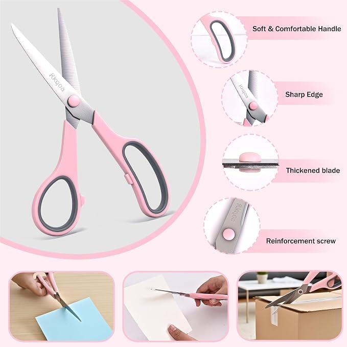 Black Scissors Bulk, Rkqoa 6 Pack 8" All Purpose Scissors for Everyday Use | Comfort-Grip Sharp Scissor for Office School Classroom Craft Sewing Supplies, High/Middle Student Teacher, Right/Left Handle