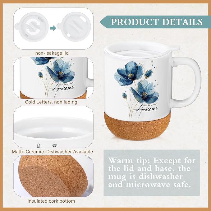 Sayglossy 4 Pcs Thank You Gifts Set for Women Back to School Teacher Appreciation Gift Leather Notebook Blue Flower Coffee Mug Scented Candle Ballpoint Pen for Employee Coworker DSP Housekeeping Week