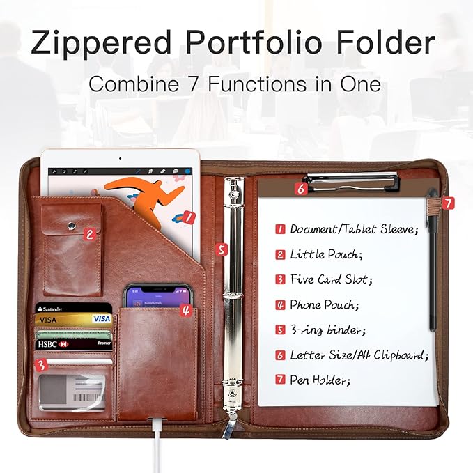 WRIYES Zippered Portfolio Organizer with 3 Ring Binder, Brown | Leather Padfolio, Professional Business Binder, Organizer for IPad/Document, Phone & Business Cards