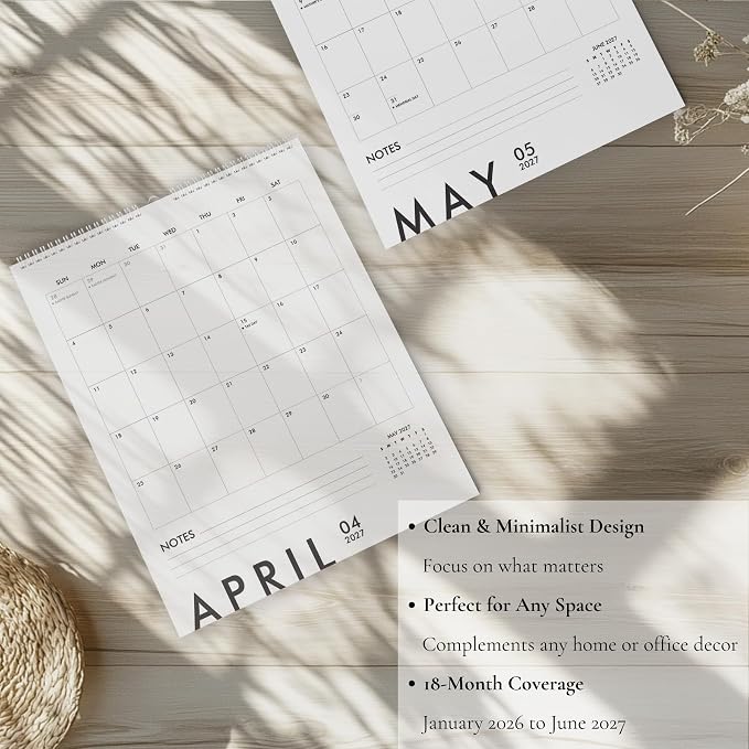 Modern Vertical Wall Calendar 2026-2027 - 18 Month Calendar January 2026 to June 2027, 11x13.5 Inches Sleek Black & White Design with Spiral Twin-Wire Binding